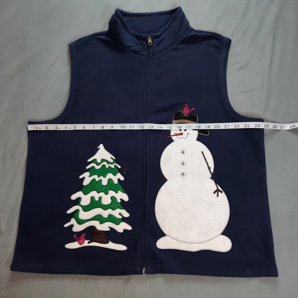 Rebecca Malone Christmas Fleece Vest Womens XL Snowman Cardinals Blue Full Zip - Picture 11 of 12